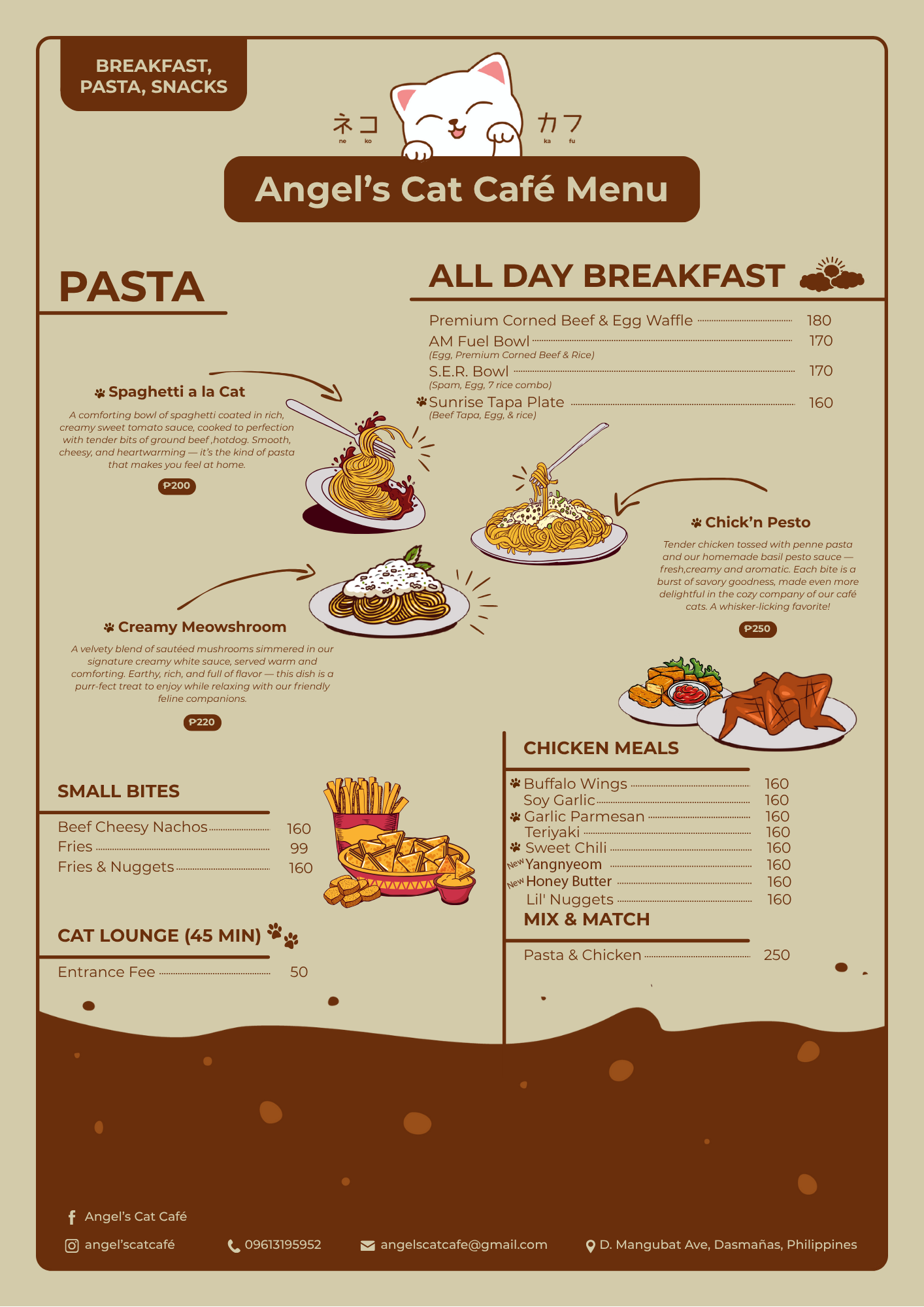 Angel's Cat Cafe menu — desserts and extras